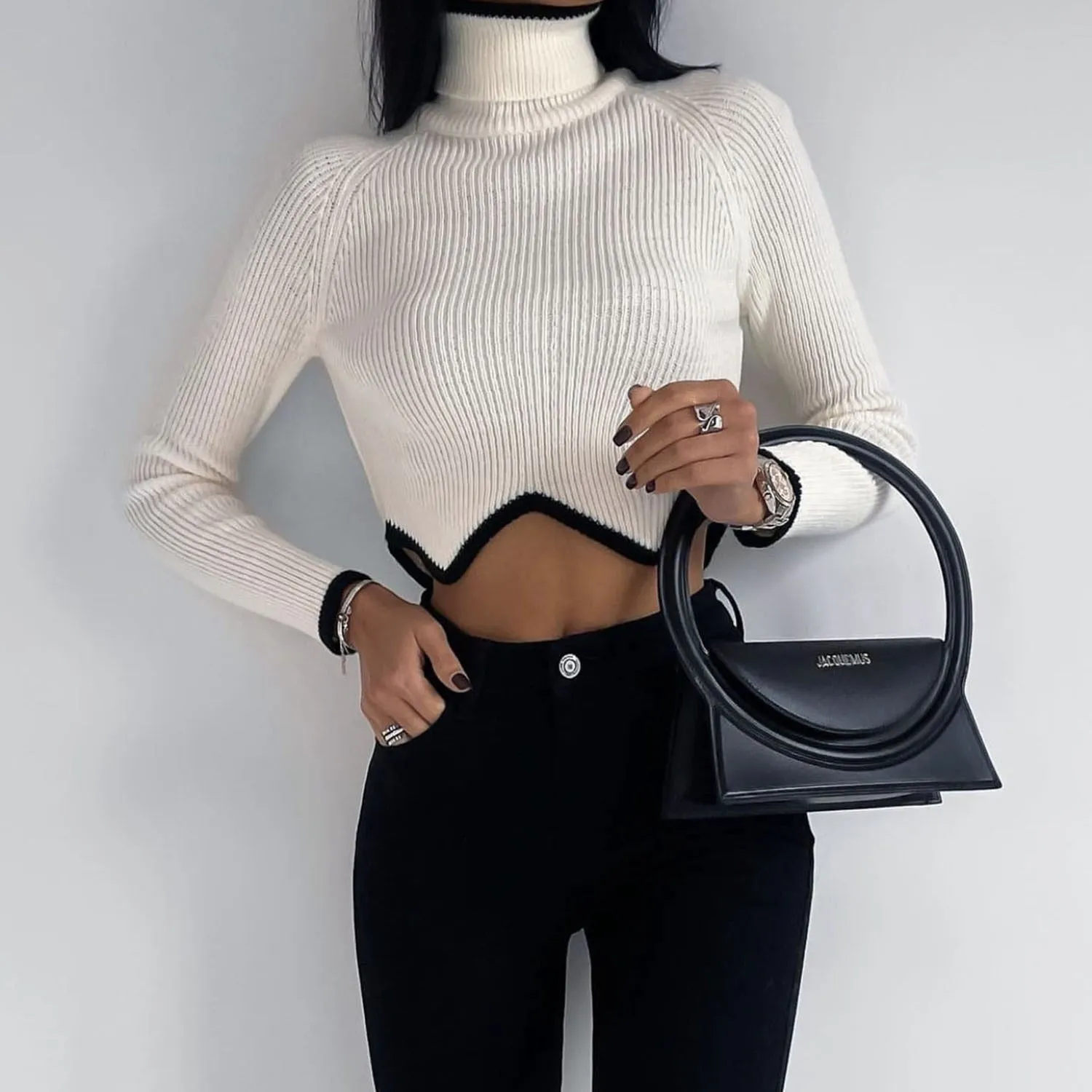 Turtleneck Crop Solid Knitted Long Sleeve Slim Pullovers Jumpers Knitwear
