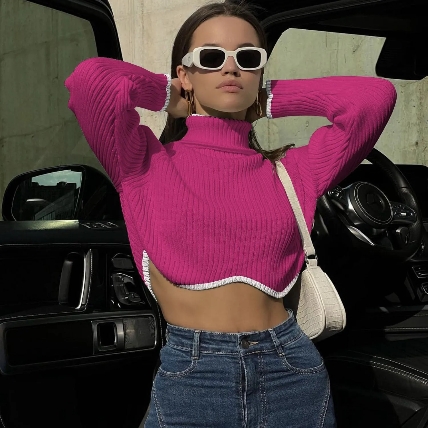 Turtleneck Crop Solid Knitted Long Sleeve Slim Pullovers Jumpers Knitwear