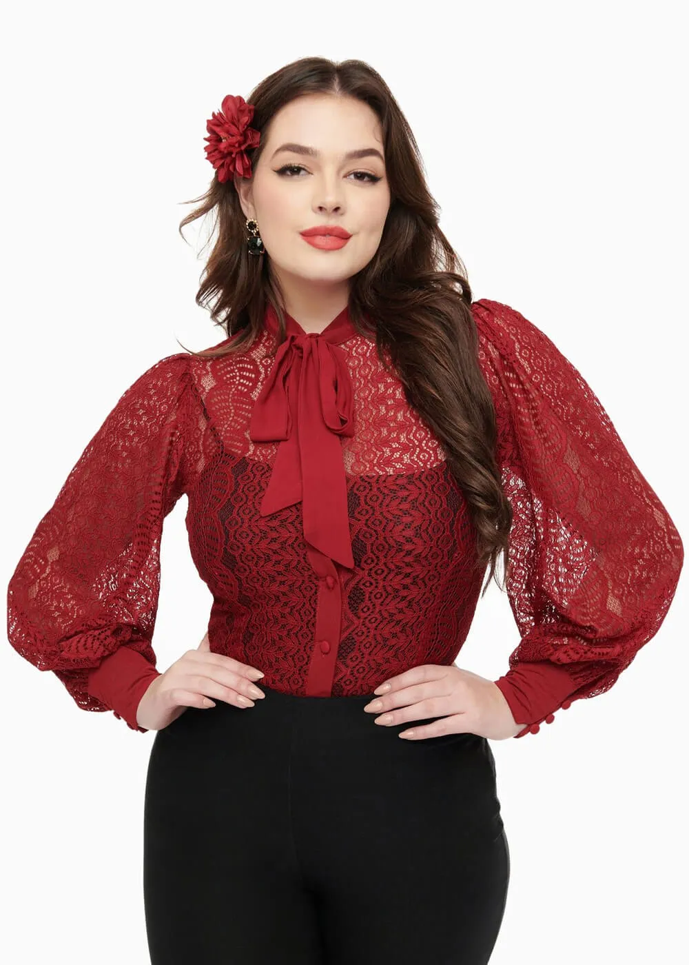 Unique Vintage Gwen Lace 40's Blouse Burgundy Red