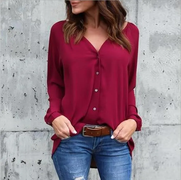 V-neck Loose Button Pure Color Long Sleeves Blouse