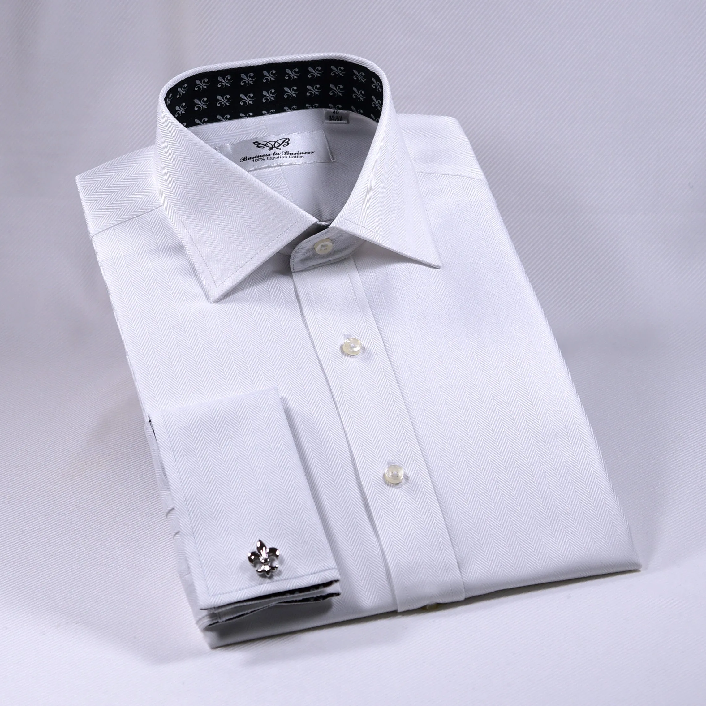 White Herringbone Professional Dress Shirt in Double French Cuff in All Sizes (Free Shipping Within America)