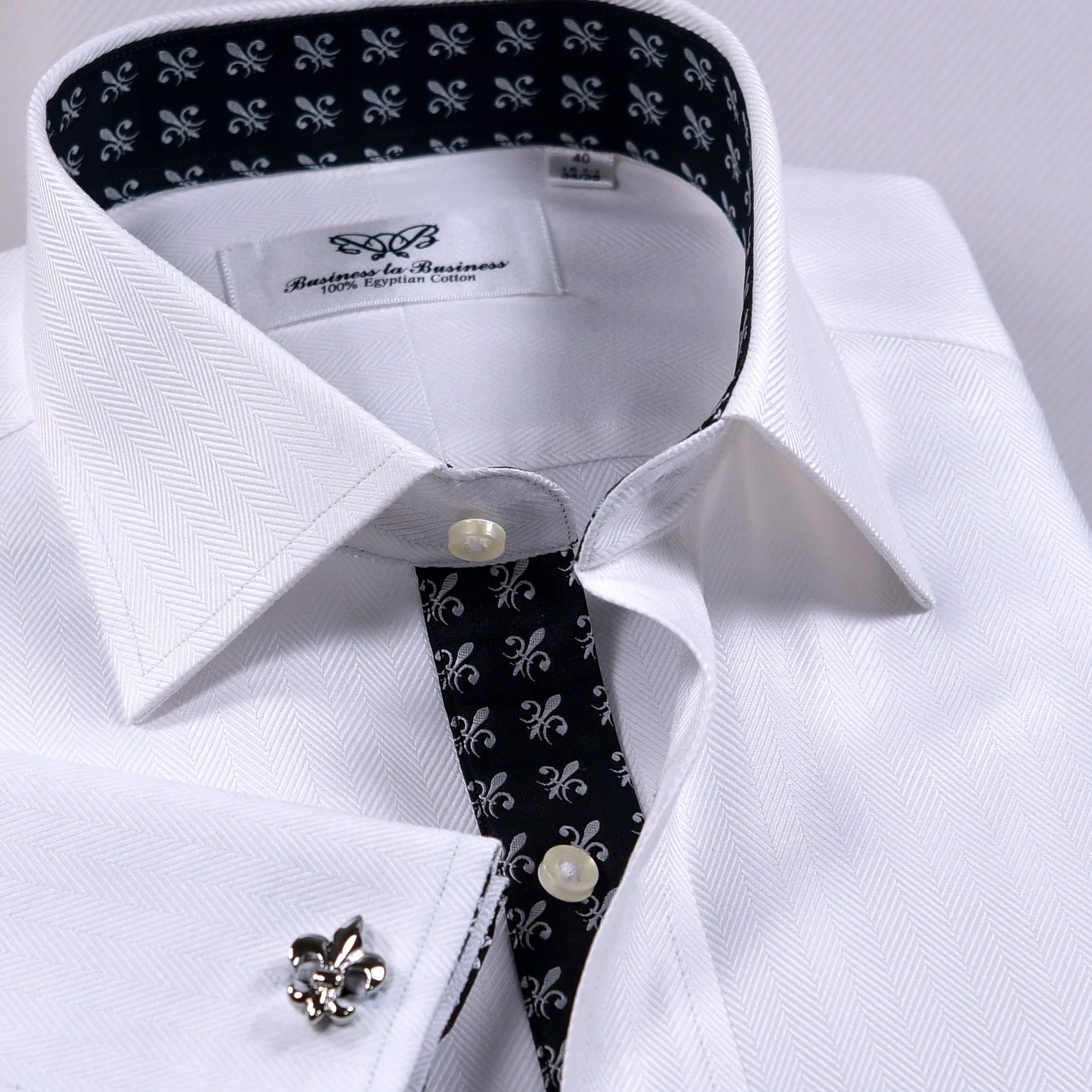 White Herringbone Professional Dress Shirt in Double French Cuff in All Sizes (Free Shipping Within America)