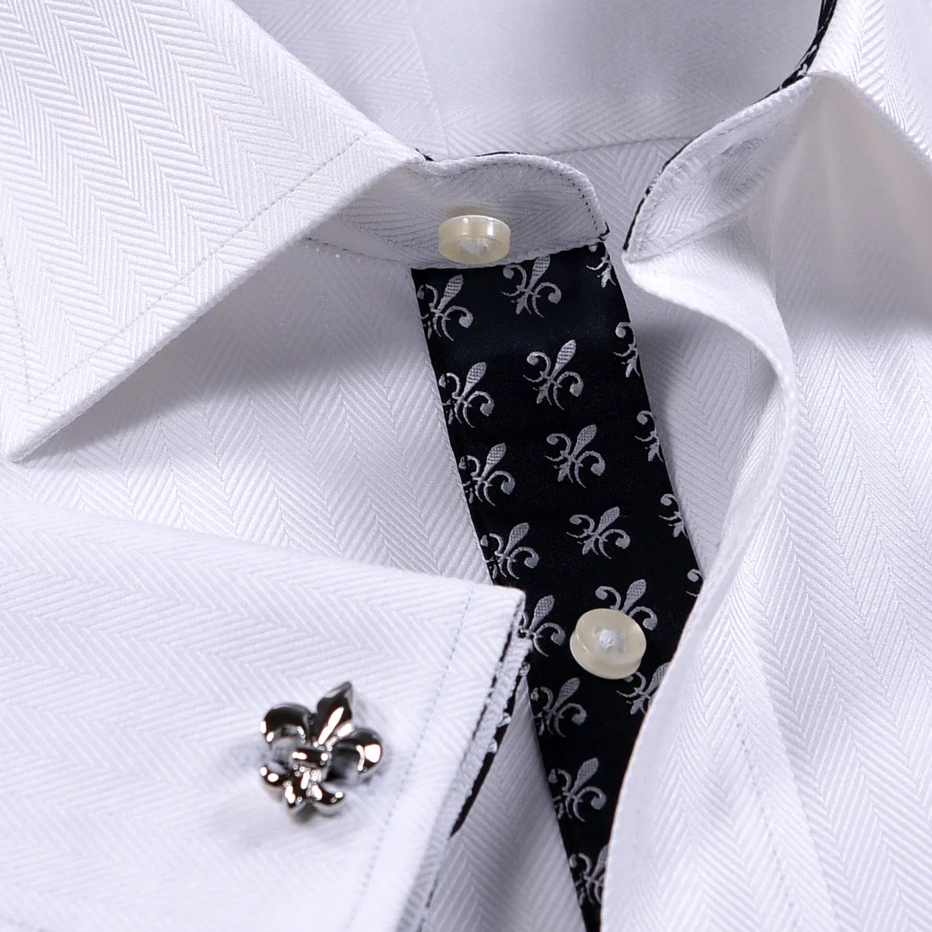 White Herringbone Professional Dress Shirt in Double French Cuff in All Sizes (Free Shipping Within America)