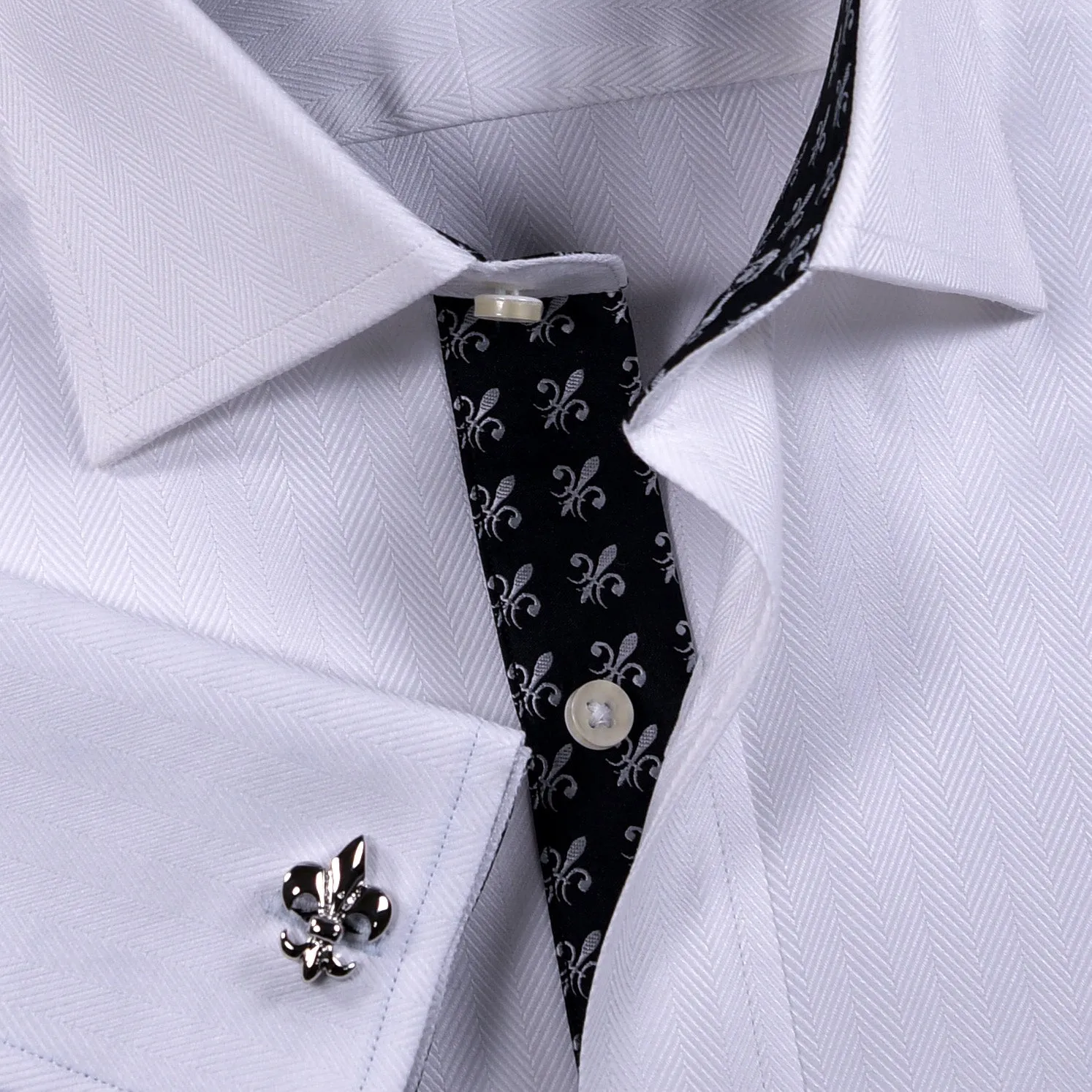 White Herringbone Professional Dress Shirt in Double French Cuff in All Sizes (Free Shipping Within America)