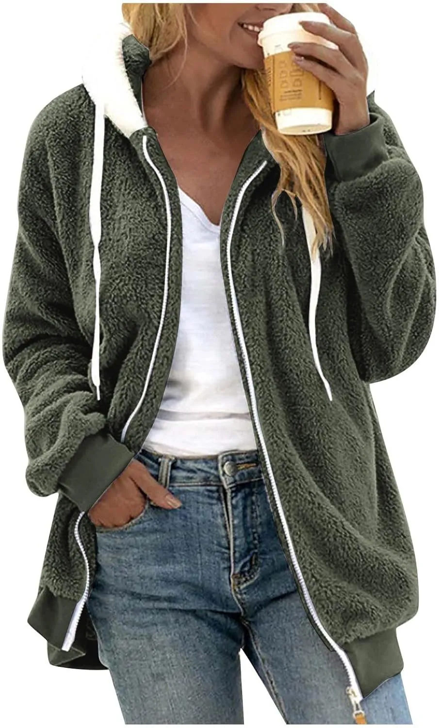 Winter Coats for Women 2024 Long Sleeve Faux Fur Fleece Jacket Zipper Plus Size Hooded Fuzzy Outerwear With Pockets