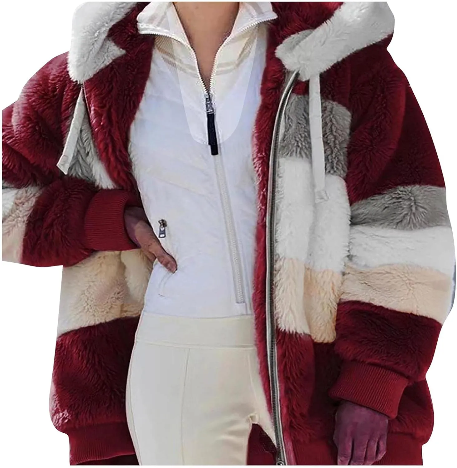 Winter Coats for Women 2024 Long Sleeve Faux Fur Fleece Jacket Zipper Plus Size Hooded Fuzzy Outerwear With Pockets