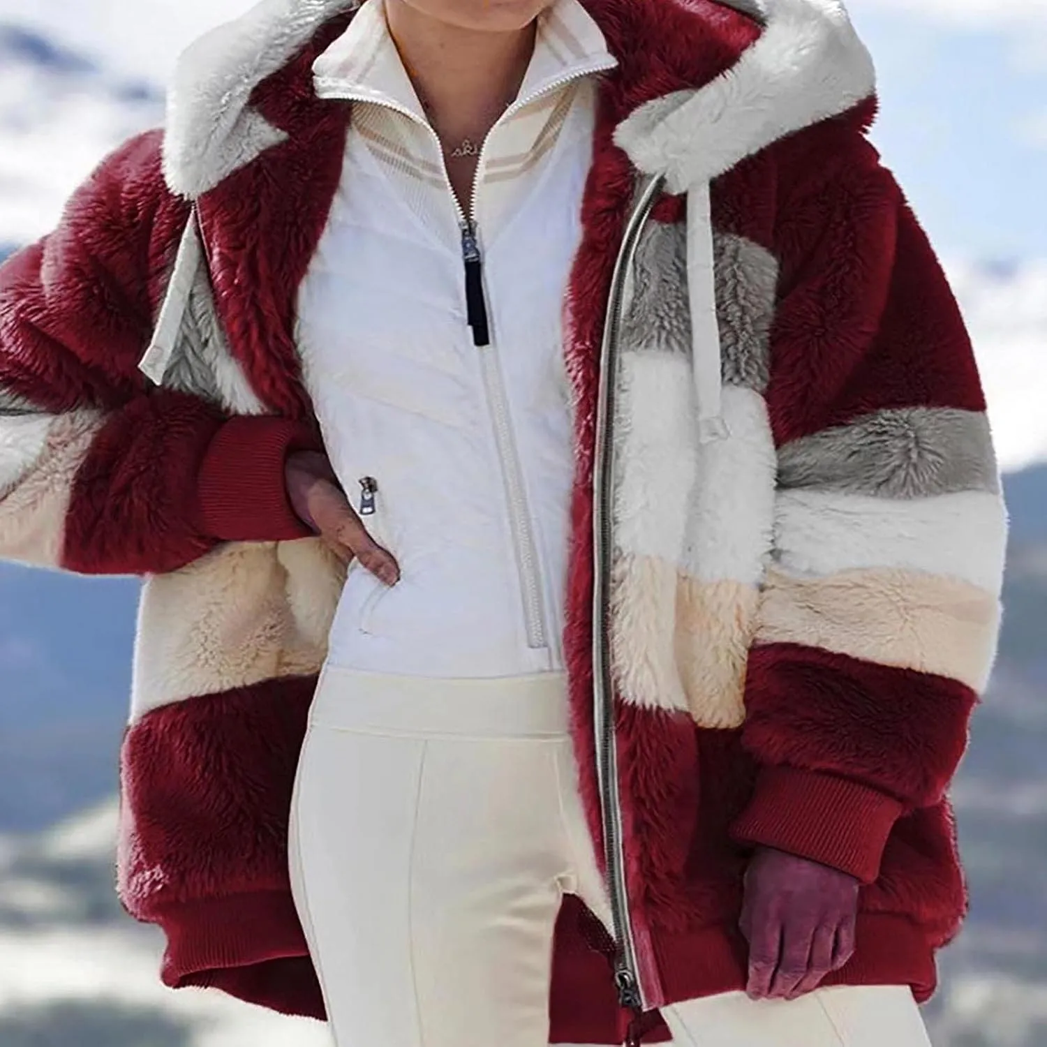 Winter Coats for Women 2024 Long Sleeve Faux Fur Fleece Jacket Zipper Plus Size Hooded Fuzzy Outerwear With Pockets