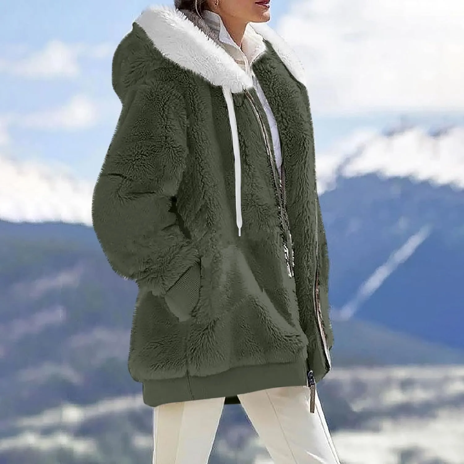 Winter Coats for Women 2024 Long Sleeve Faux Fur Fleece Jacket Zipper Plus Size Hooded Fuzzy Outerwear With Pockets