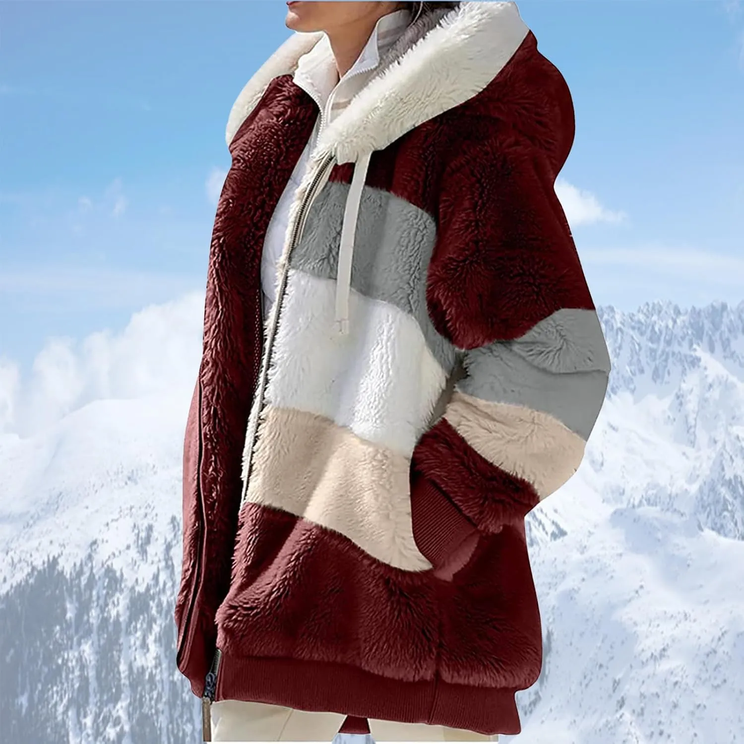 Winter Coats for Women 2024 Long Sleeve Faux Fur Fleece Jacket Zipper Plus Size Hooded Fuzzy Outerwear With Pockets