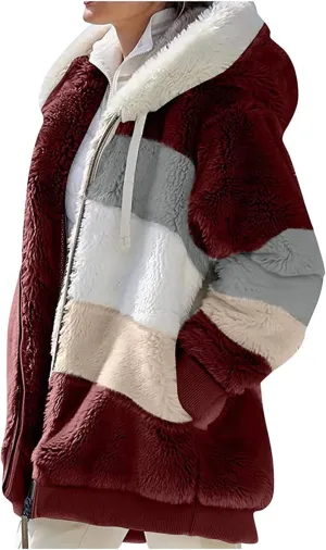Winter Coats for Women 2024 Long Sleeve Faux Fur Fleece Jacket Zipper Plus Size Hooded Fuzzy Outerwear With Pockets