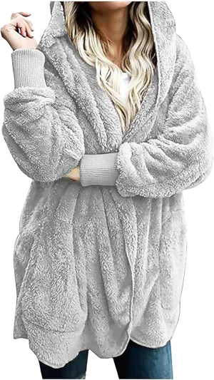 Winter Coats for Women 2024 Plus Size Long Sleeve Fuzzy Fleece Jacket Hooded Casual Warm Open Front Cardigans Outwear