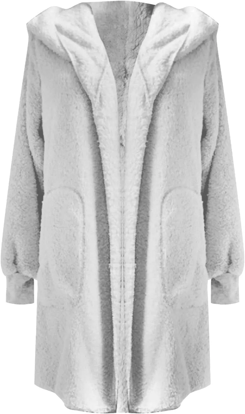 Winter Coats for Women 2024 Plus Size Long Sleeve Fuzzy Fleece Jacket Hooded Casual Warm Open Front Cardigans Outwear