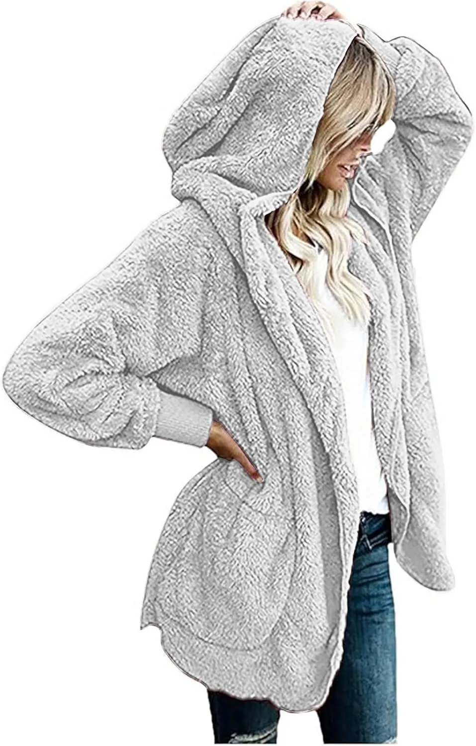 Winter Coats for Women 2024 Plus Size Long Sleeve Fuzzy Fleece Jacket Hooded Casual Warm Open Front Cardigans Outwear