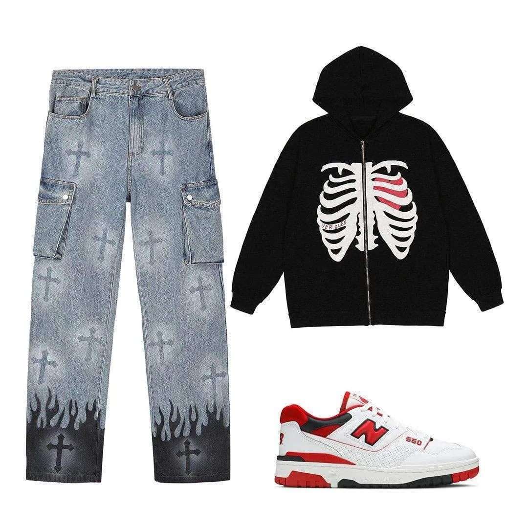 WLS Heart Skull Pattern Zipper Hoodie