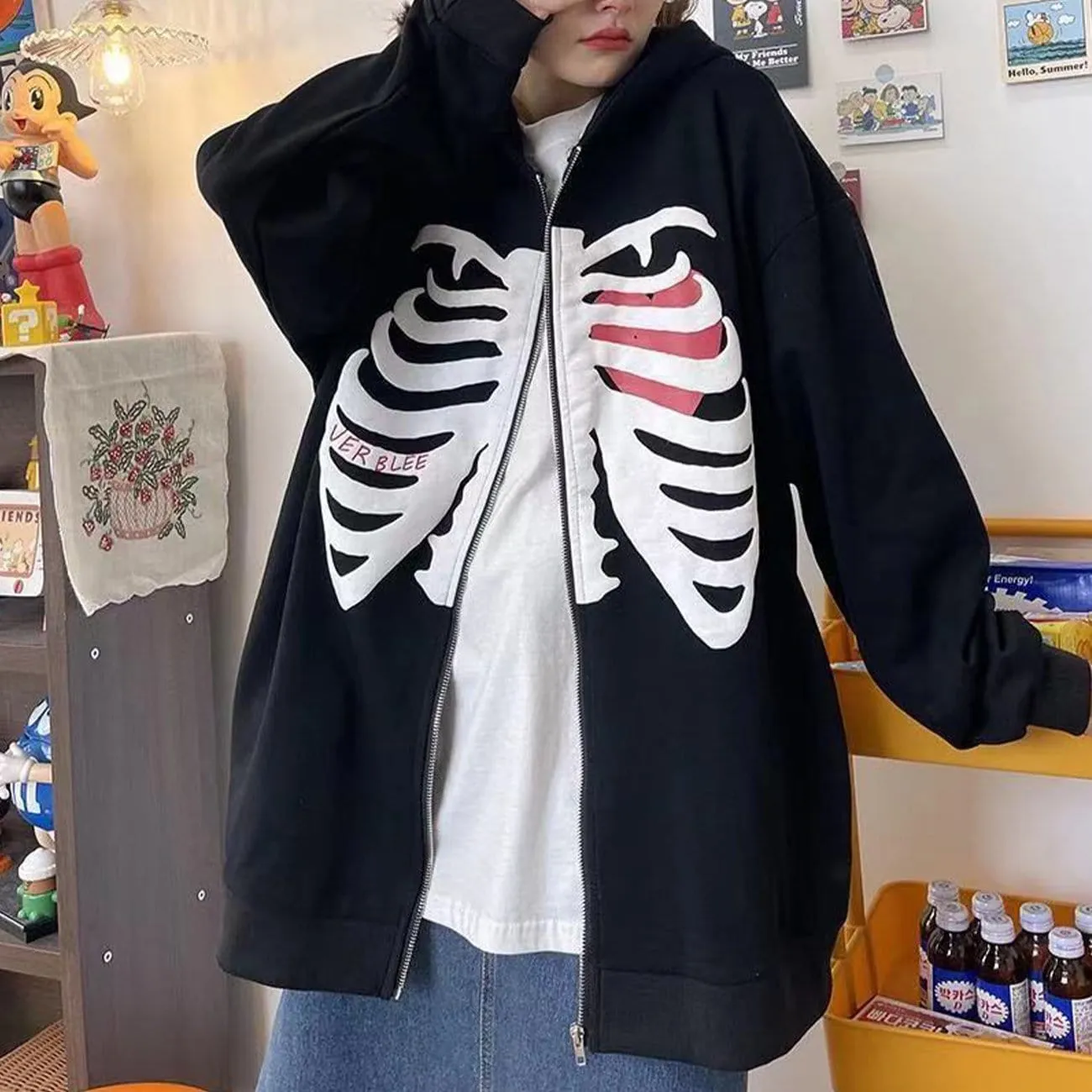 WLS Heart Skull Pattern Zipper Hoodie