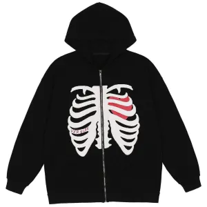 WLS Heart Skull Pattern Zipper Hoodie