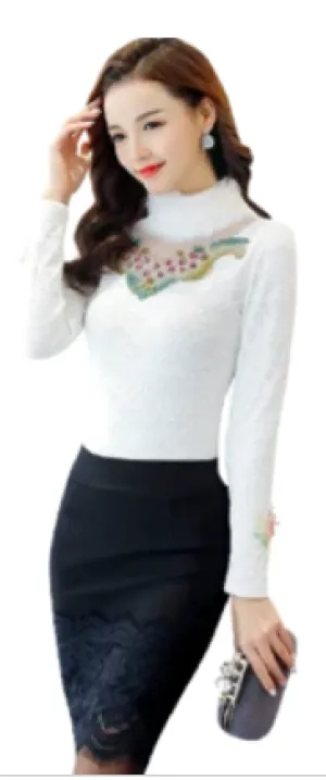 Women Front Embroidered Thick Velvet Lace Faux Fur Collar Blouse