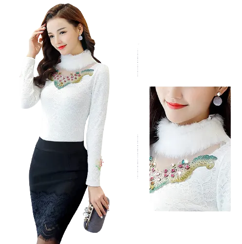 Women Front Embroidered Thick Velvet Lace Faux Fur Collar Blouse