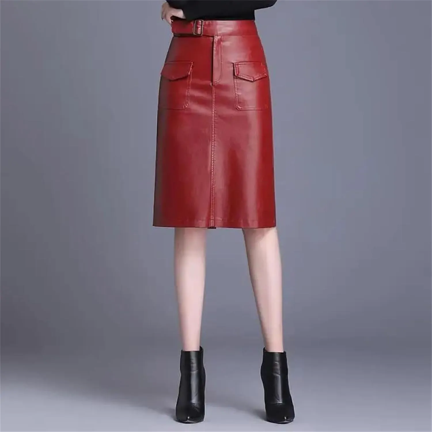 Women Knee Length PU Leather Midi Skirt Solid Color Casual Straight Skirts PU Leather Pencil Skirts