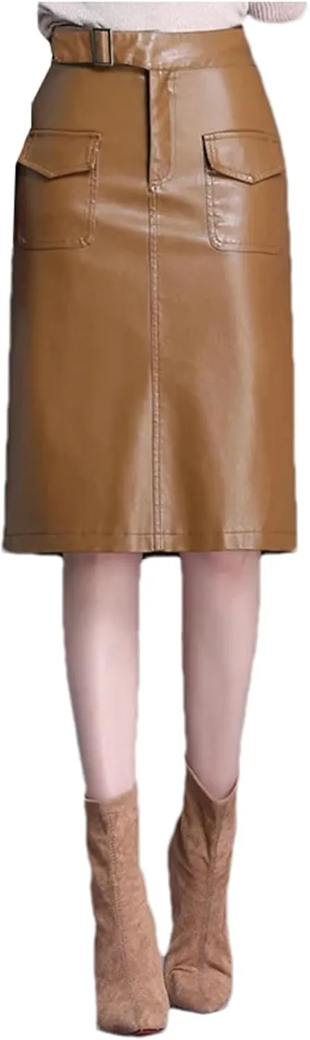 Women Knee Length PU Leather Midi Skirt Solid Color Casual Straight Skirts PU Leather Pencil Skirts