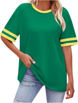 Women Oversized T Shirts Workout Short Sleeve Top Casual Loose Basic Tees Summer Trendy Crewneck Color Block Blouse 2025