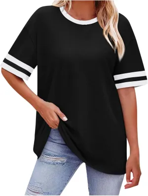 Women Oversized T Shirts Workout Short Sleeve Top Casual Loose Basic Tees Summer Trendy Crewneck Color Block Blouse 2025