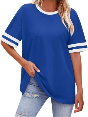 Women Oversized T Shirts Workout Short Sleeve Top Casual Loose Basic Tees Summer Trendy Crewneck Color Block Blouse 2025