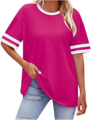Women Oversized T Shirts Workout Short Sleeve Top Casual Loose Basic Tees Summer Trendy Crewneck Color Block Blouse 2025