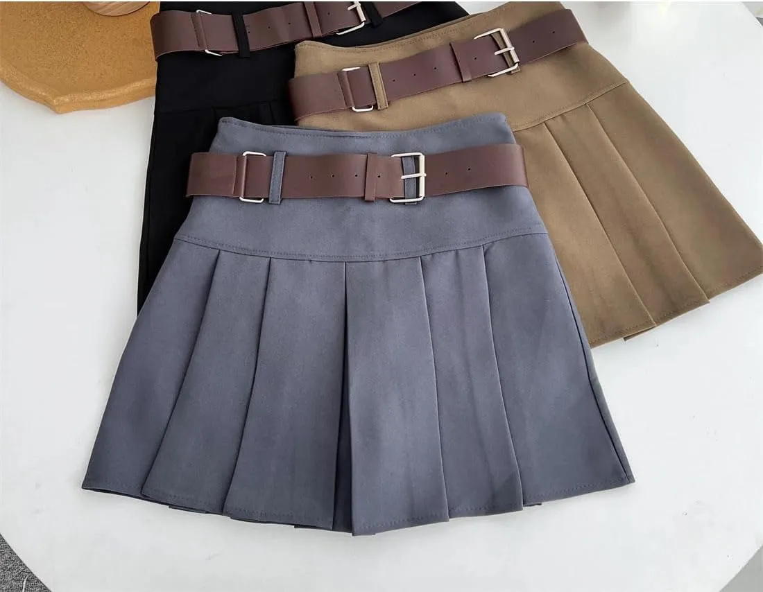 Women Party Pleated Skirts with Belt High Waist Vintage Office Mini Skirt
