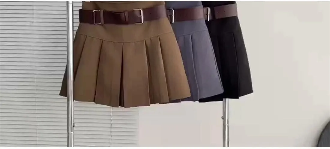 Women Party Pleated Skirts with Belt High Waist Vintage Office Mini Skirt