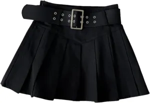 Women Party Pleated Skirts with Belt High Waist Vintage Office Mini Skirt