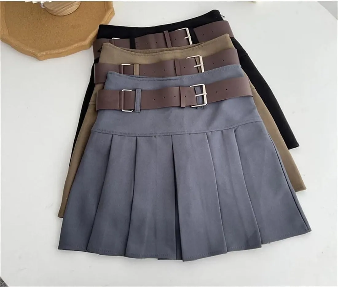 Women Party Pleated Skirts with Belt High Waist Vintage Office Mini Skirt