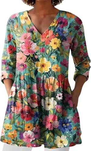 Women Plus Size Tops Trendy Summer 2025 Color Block Floral Print Dress Long Sleeve V Neck Blouses Casual Tunic Outfits