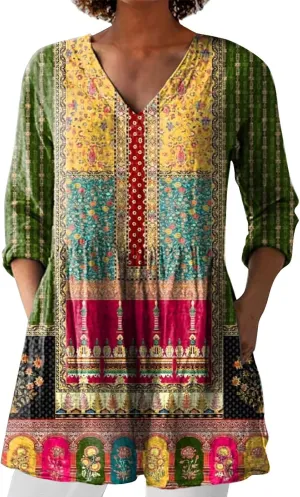 Women Plus Size Tops Trendy Summer 2025 Color Block Floral Print Dress Long Sleeve V Neck Blouses Casual Tunic Outfits