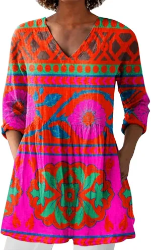 Women Plus Size Tops Trendy Summer 2025 Color Block Floral Print Dress Long Sleeve V Neck Blouses Casual Tunic Outfits