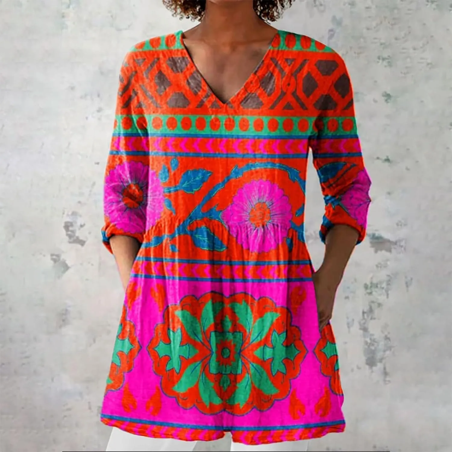 Women Plus Size Tops Trendy Summer 2025 Color Block Floral Print Dress Long Sleeve V Neck Blouses Casual Tunic Outfits