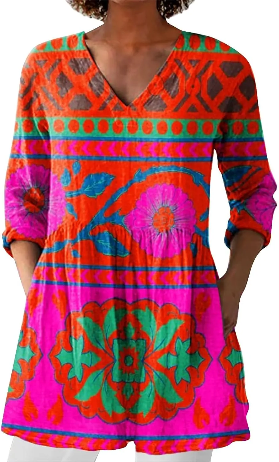 Women Plus Size Tops Trendy Summer 2025 Color Block Floral Print Dress Long Sleeve V Neck Blouses Casual Tunic Outfits