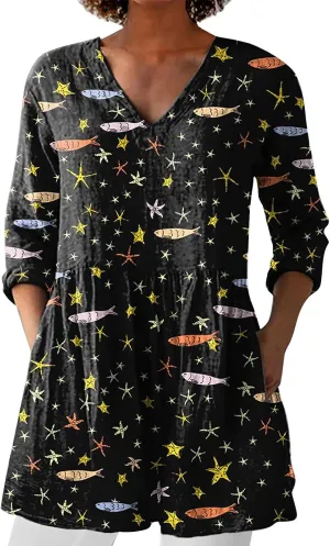 Women Plus Size Tops Trendy Summer 2025 Color Block Floral Print Dress Long Sleeve V Neck Blouses Casual Tunic Outfits