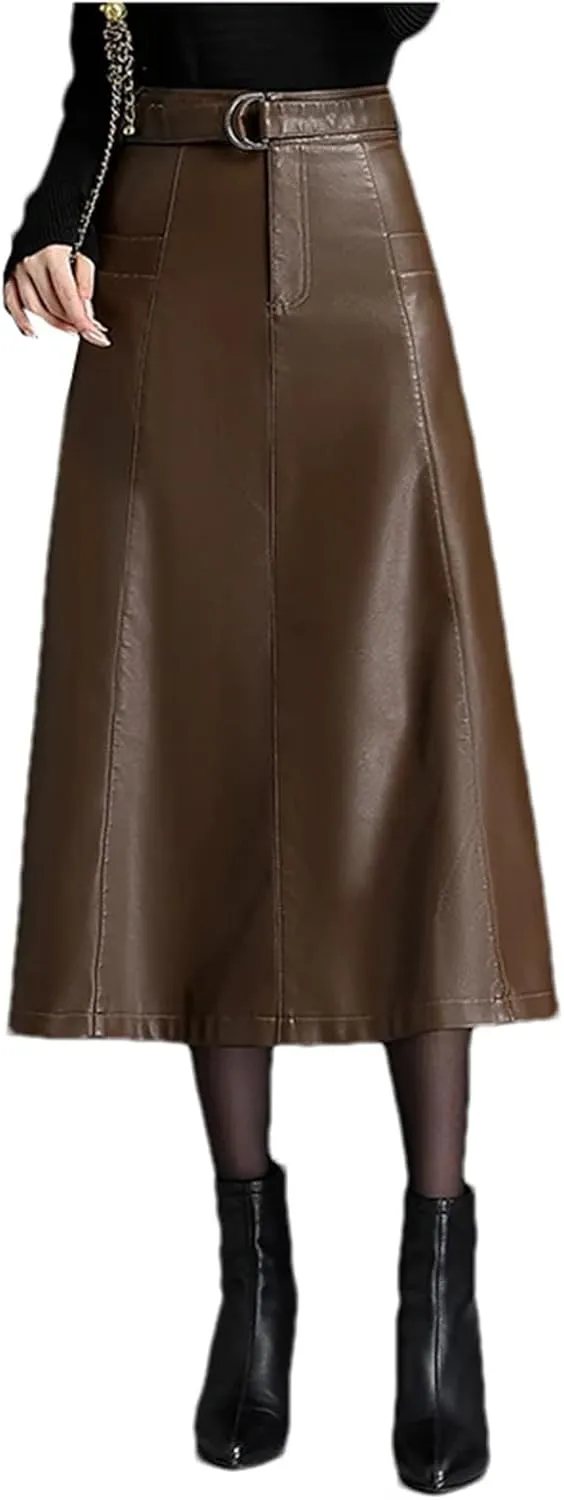 Women PU Leather Bodycon Midi Skirts Fashion High Waist Front Slit Straight Skirt Pocket Pencil Skirt