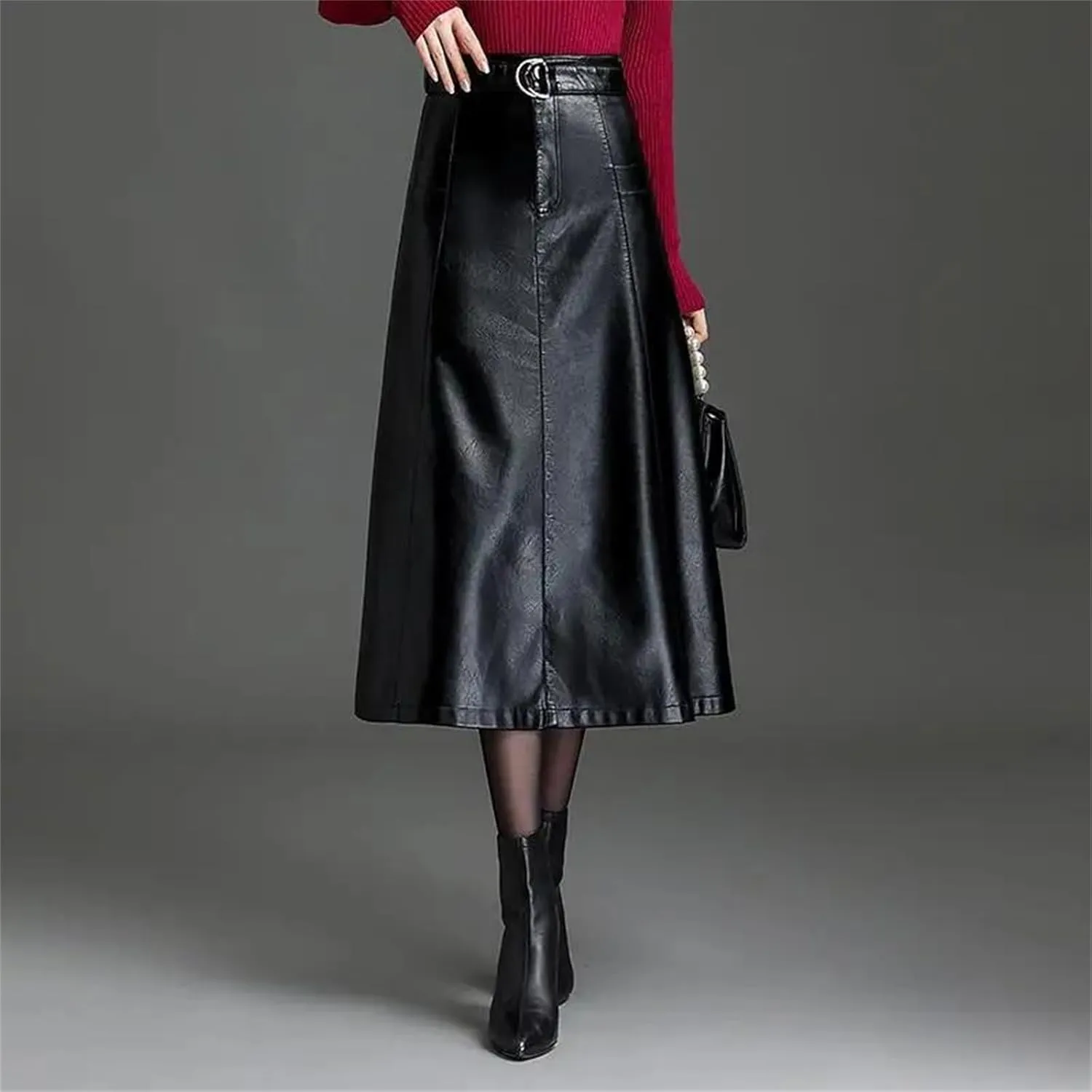 Women PU Leather Bodycon Midi Skirts Fashion High Waist Front Slit Straight Skirt Pocket Pencil Skirt