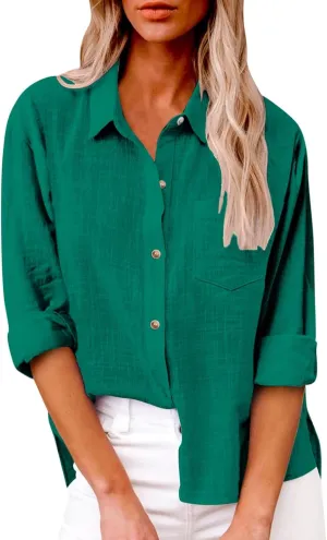 Women Short Sleeve Shirts Summer Linen Cotton Stand Button Shirts Minimalist Solid Loose Blouse Elegant Versatile Tops
