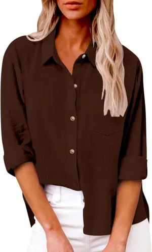 Women Short Sleeve Shirts Summer Linen Cotton Stand Button Shirts Minimalist Solid Loose Blouse Elegant Versatile Tops