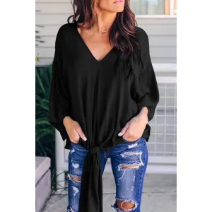 Women V-Neck Tie Hem Loose Chiffon Shirt - C6324ZWSB
