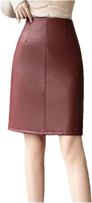 Women Vintage PU Leather Midi Skirts Winter Back Split High Waist Workwear Back Zipper Pencil Skirts