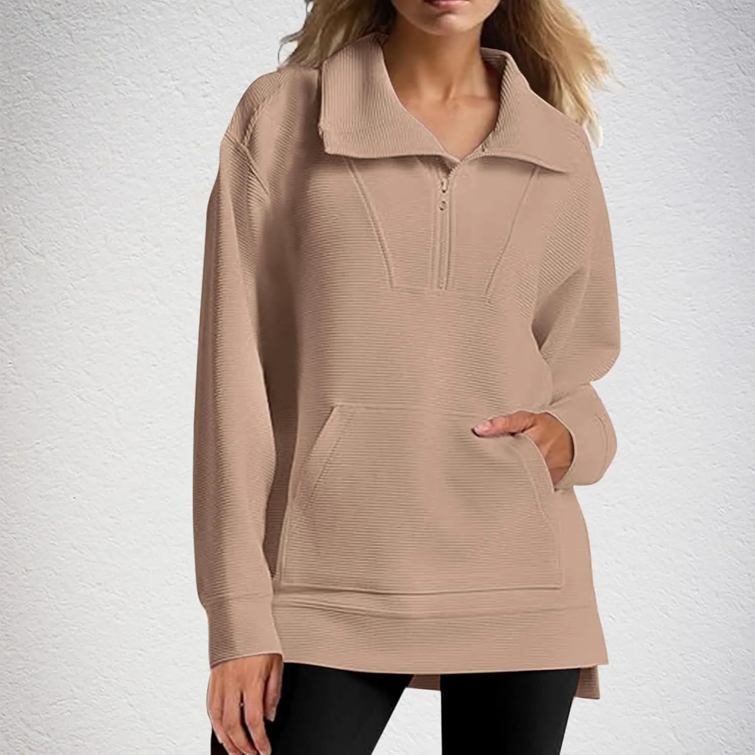 Womens 3/4 Zip Pullover Stand Collar Half Zip Sweatshirt with Pocket Casual Loose Fit Tunic Tops 2025 Spring Outfits