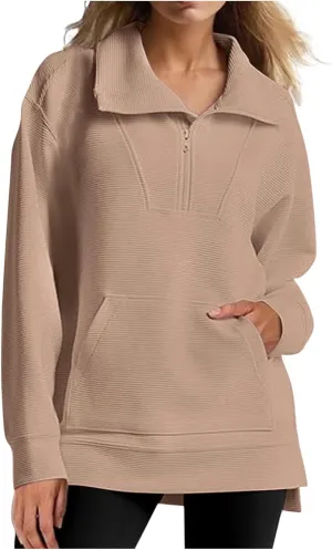 Womens 3/4 Zip Pullover Stand Collar Half Zip Sweatshirt with Pocket Casual Loose Fit Tunic Tops 2025 Spring Outfits