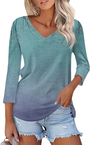 Womens Casual 3/4 Sleeve T-Shirts Sexy V Neck Loose Fit Tunic Tops Cute Basic Tees Blouses Pullover Tops