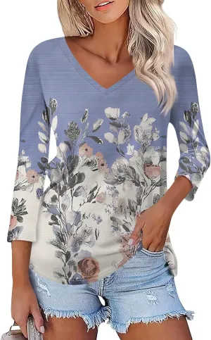Womens Casual 3/4 Sleeve T-Shirts Sexy V Neck Loose Fit Tunic Tops Cute Basic Tees Blouses Pullover Tops