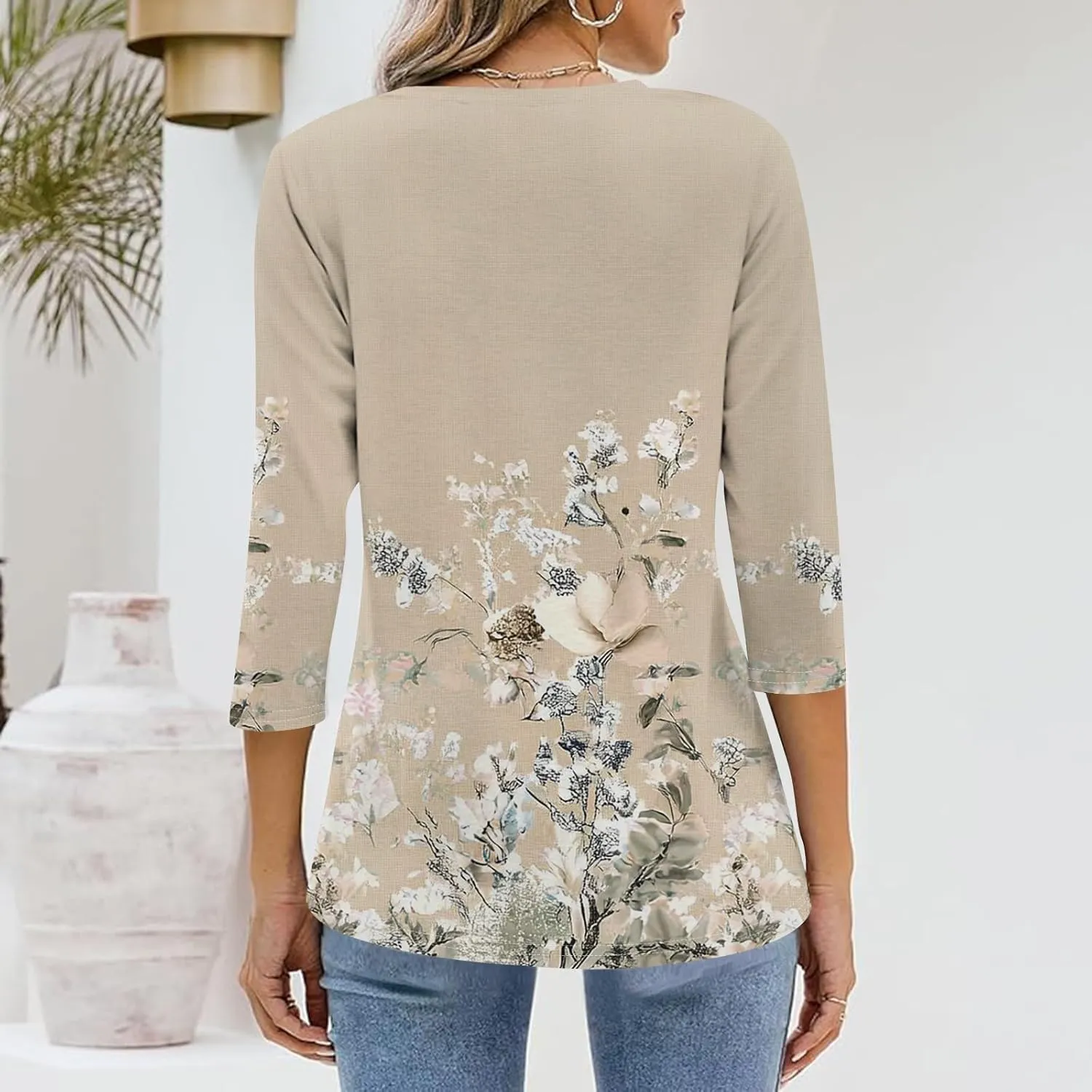 Womens Casual 3/4 Sleeve T-Shirts Sexy V Neck Loose Fit Tunic Tops Cute Basic Tees Blouses Pullover Tops