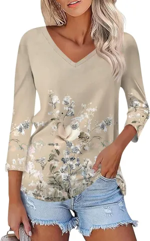 Womens Casual 3/4 Sleeve T-Shirts Sexy V Neck Loose Fit Tunic Tops Cute Basic Tees Blouses Pullover Tops